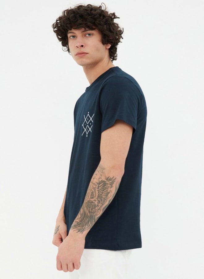 trendyol Navy Blue Regular Cut Logo Printed 100% Cotton Short Sleeve T-Shirt - Image 3