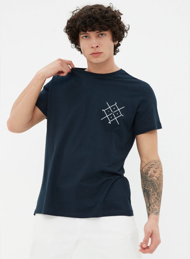 trendyol Navy Blue Regular Cut Logo Printed 100% Cotton Short Sleeve T-Shirt - Image 1