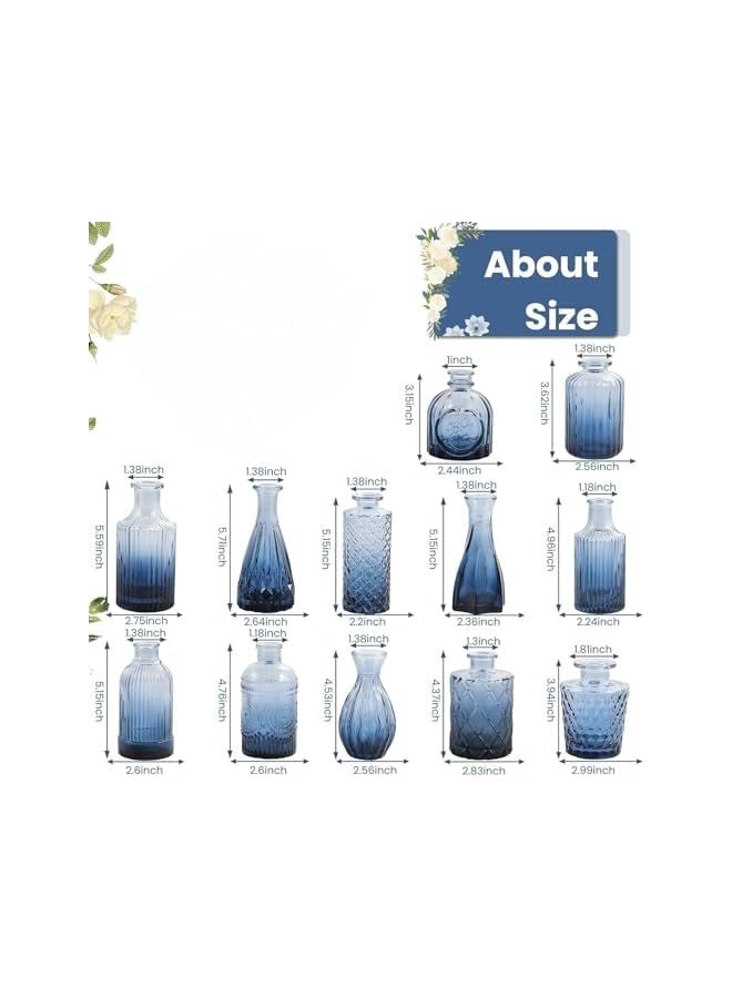 The Bros طقم مزهريات زجاجية 12 قطعة، مزهريات صغيرة للزهور، مزهرية زرقاء للزينة في الحفلات، مزهرية عتيقة صغيرة لتزيين حفلات الزفاف الريفية، ديكور زهور لطاولة المكتب والمنزل - Image 2