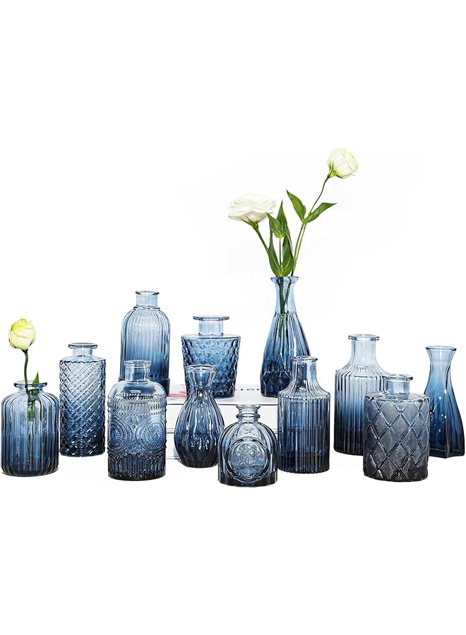 The Bros طقم مزهريات زجاجية 12 قطعة، مزهريات صغيرة للزهور، مزهرية زرقاء للزينة في الحفلات، مزهرية عتيقة صغيرة لتزيين حفلات الزفاف الريفية، ديكور زهور لطاولة المكتب والمنزل - Image 1