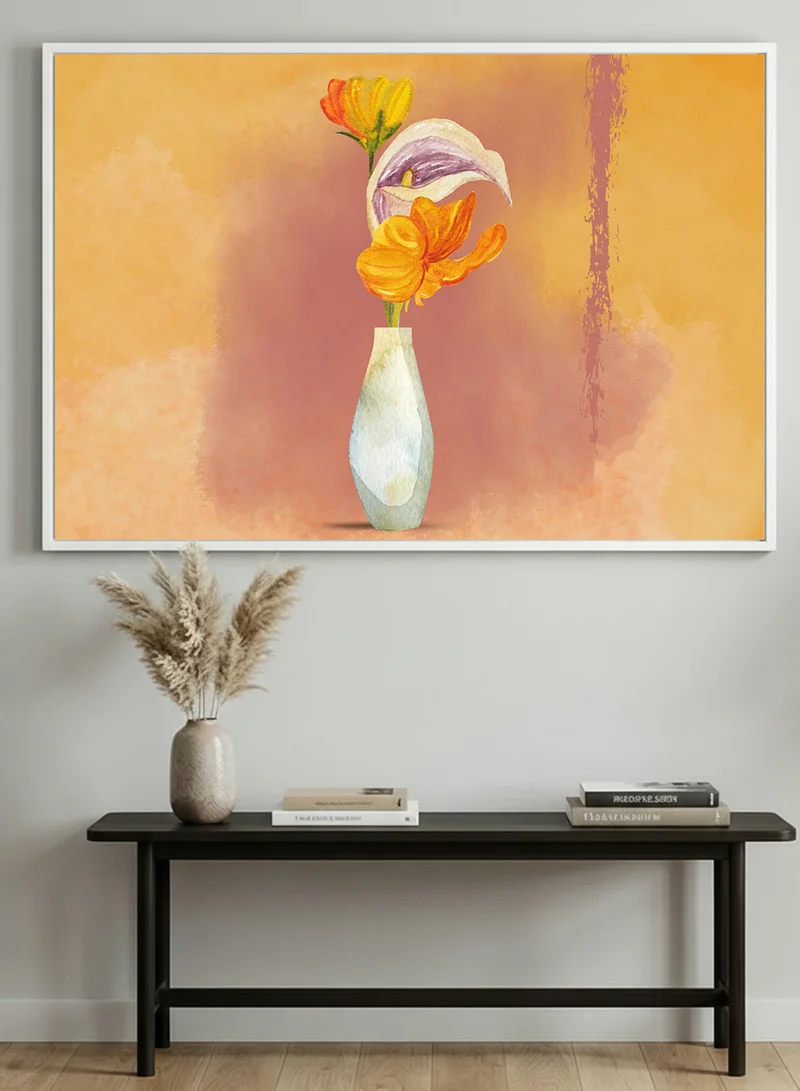 لوحة لوحة كانفاس على إطار خشبي بإطار خارجي أبيض بتصميم تجريدي لمزهرية