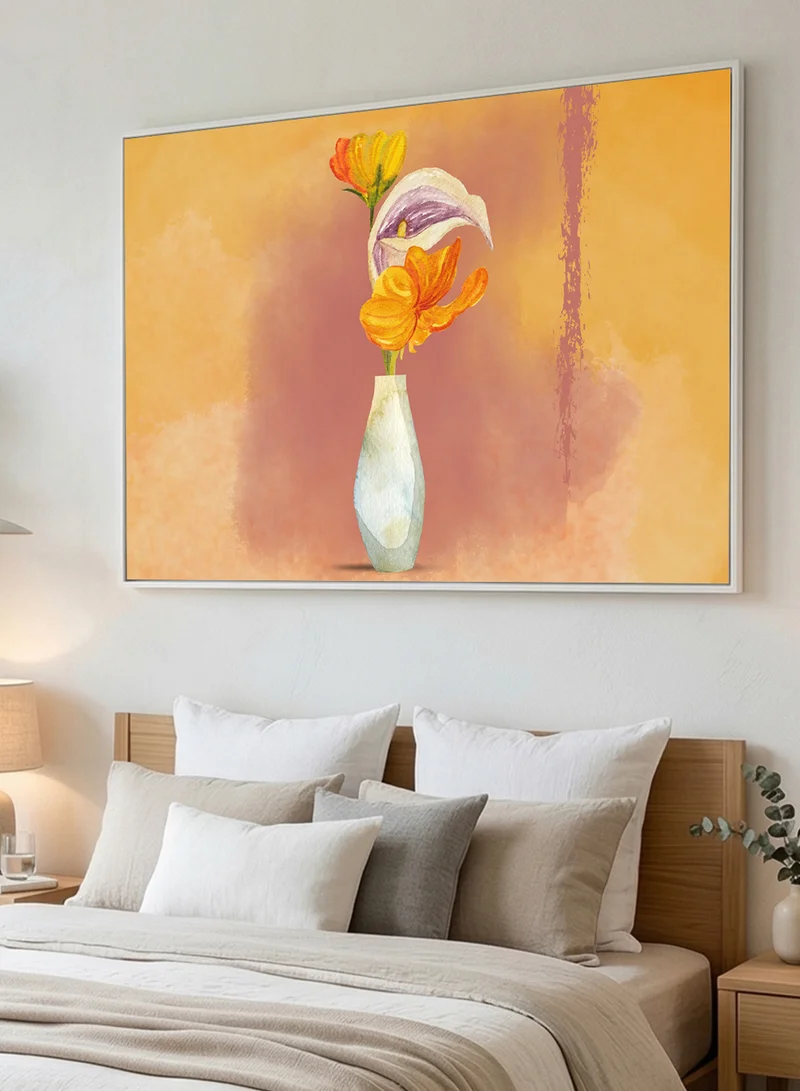 لوحة لوحة كانفاس على إطار خشبي بإطار خارجي أبيض بتصميم تجريدي لمزهرية