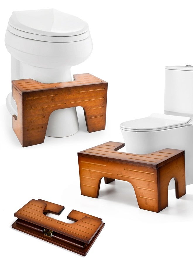 StrongTek Foldable Bamboo Squatting Potty Stool - Adjustable 7" 9" Height Toilet Stool for Adults - Collapsible Poop Stool for Posture - Anti-Slip Bathroom Step Stool - Reddish Brown - Image 1