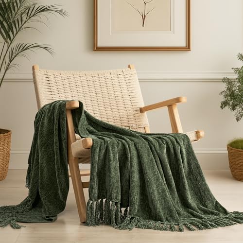 EverGrace Soft Chenille Throw Blanket for Couch Cozy Plush Fuzzy Decorative Chenille Knit Throw Blanket with Tassels Lightweight Blanket and Throws for Bed Sofa Gift Home Decor Olive Green 60x80 - Image 1