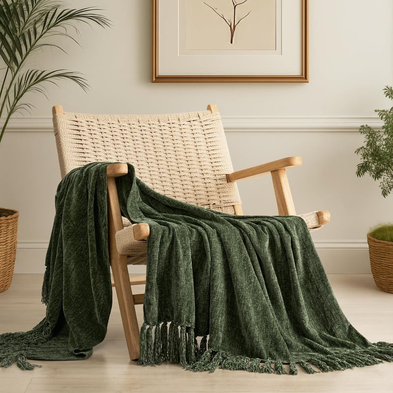 EverGrace Soft Chenille Throw Blanket for Couch Cozy Plush Fuzzy Decorative Chenille Knit Throw Blanket with Tassels Lightweight Blanket and Throws for Bed Sofa Gift Home Decor Olive Green 60x80 - Image 2