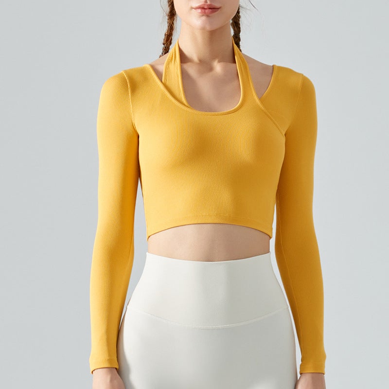 Generic Autumn Yoga Halter Top Removable Pads Long Sleeve Mango Yellow