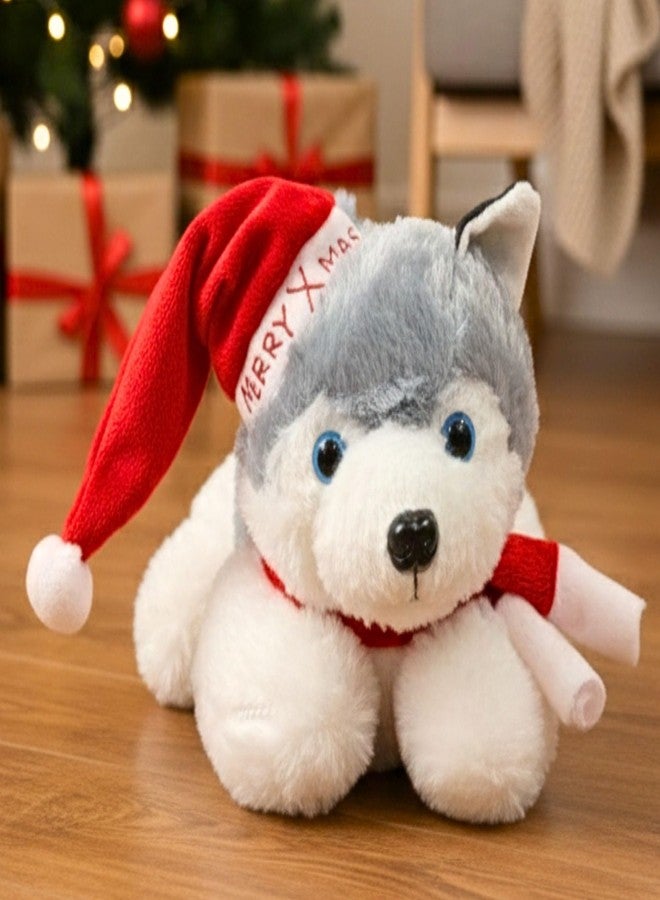 Tickles Christmas Husky Dog with Merry X Mas Hat & Scarf Soft Stuffed Plush Animal Toy for Kids Boys & Girls Birthday Gift (Color: White & Grey, Size: 28 cm) - Image 1