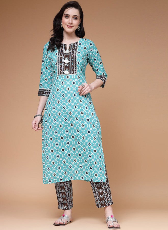 Indibelle Ethnic Motif Printed Pure Cotton Kurta with Trousers for Daily Wear - Image 1