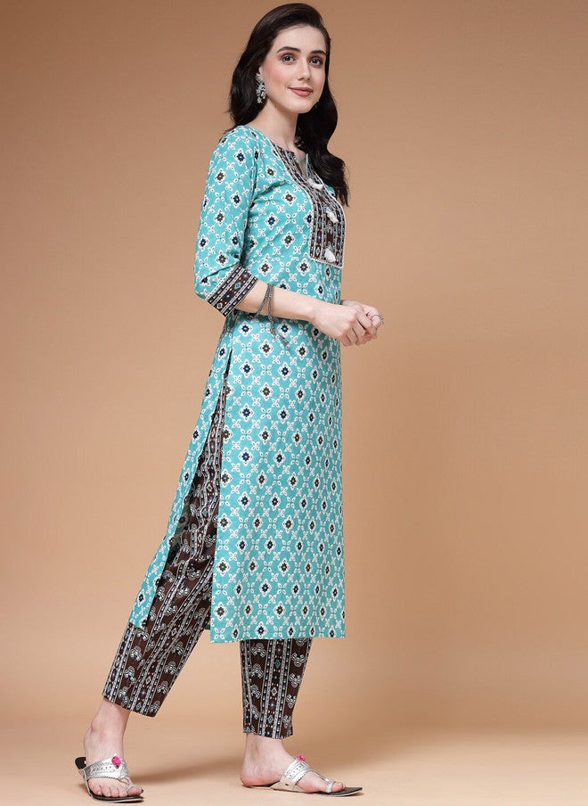 Indibelle Ethnic Motif Printed Pure Cotton Kurta with Trousers for Daily Wear - Image 4