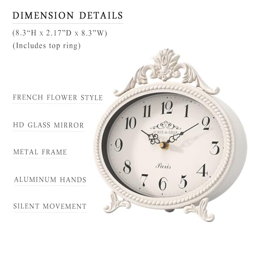 Abdurey Vintage Table Clock on Stand,Desk and Shelf Decorative Clock,French Rustic Style Mantel Clocks,Metal Frame Antique White Finish,Farmhouse,Bedroom, Bedside,Living Room,Gift Clocks - Image 2
