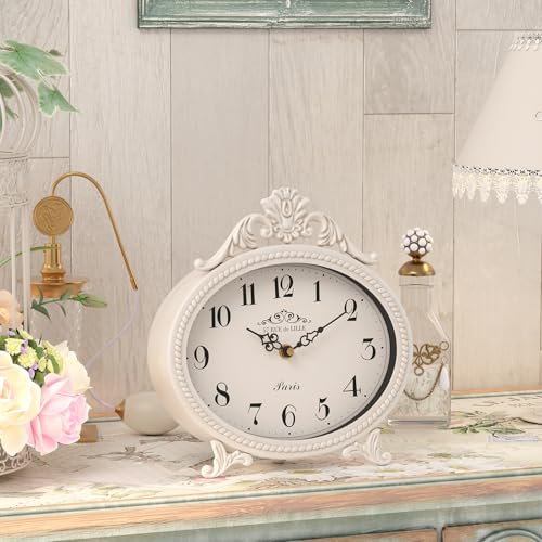 Abdurey Vintage Table Clock on Stand,Desk and Shelf Decorative Clock,French Rustic Style Mantel Clocks,Metal Frame Antique White Finish,Farmhouse,Bedroom, Bedside,Living Room,Gift Clocks - Image 3
