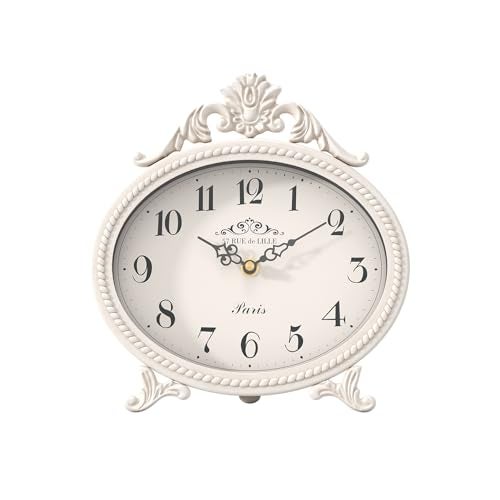 Abdurey Vintage Table Clock on Stand,Desk and Shelf Decorative Clock,French Rustic Style Mantel Clocks,Metal Frame Antique White Finish,Farmhouse,Bedroom, Bedside,Living Room,Gift Clocks - Image 1