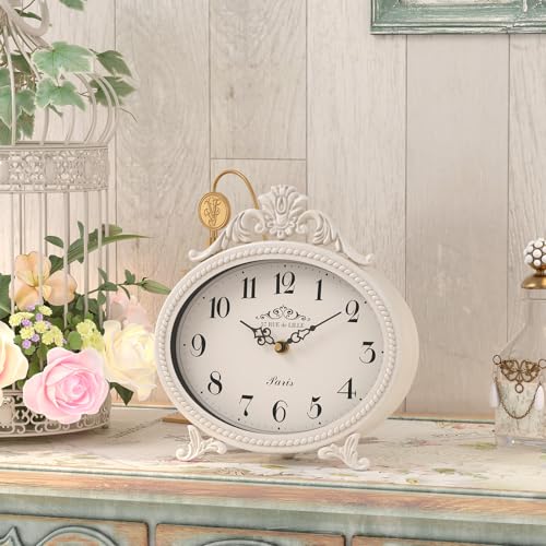 Abdurey Vintage Table Clock on Stand,Desk and Shelf Decorative Clock,French Rustic Style Mantel Clocks,Metal Frame Antique White Finish,Farmhouse,Bedroom, Bedside,Living Room,Gift Clocks - Image 5