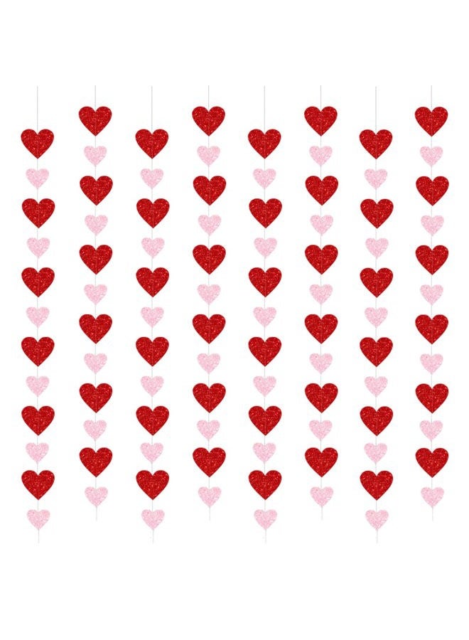PTFNY 8 Pack Valentine's Day Glitter Heart Garland Red Pink Glittery Valentines Day Heart Hanging String Garland Banner Valentines Party Decorations for Engagement Bachelorette Wedding - Image 1