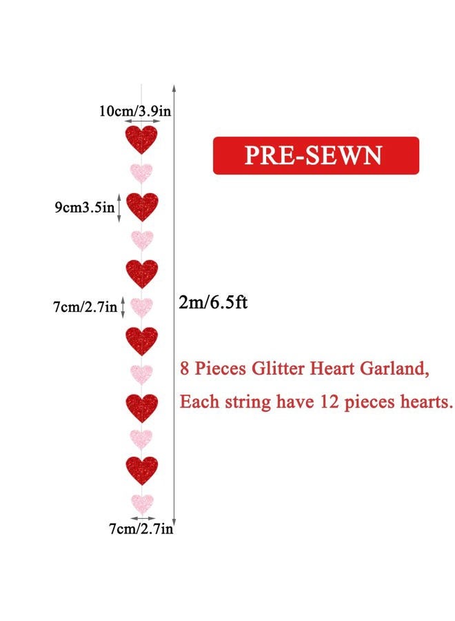 PTFNY 8 Pack Valentine's Day Glitter Heart Garland Red Pink Glittery Valentines Day Heart Hanging String Garland Banner Valentines Party Decorations for Engagement Bachelorette Wedding - Image 2