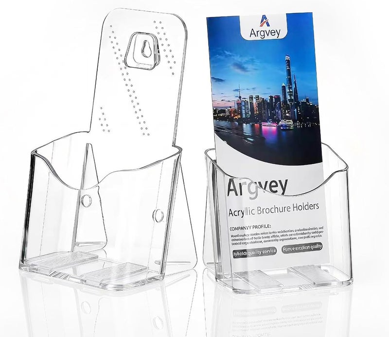 Argvey Acrylic Brochure Holder, 2-Pack Plastic Trifold 4 Inches Wide Pamphlet Holder Wall Mount/Countertop Organizer for Display Flyer, Booklet, Document, Magazine, Literature - Image 1