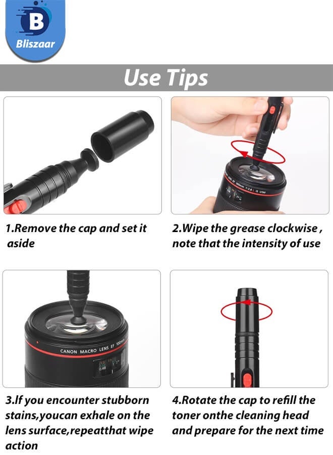 Bliszaar 13-in-1 Camera Lens Cleaning Kit - Mirrorless & DSLR Sensor Cleaning Kit for Canon, Sony, Nikon Including Lens Blower, Detergent, Swabs, Cloth, Pen, Brush - Image 4