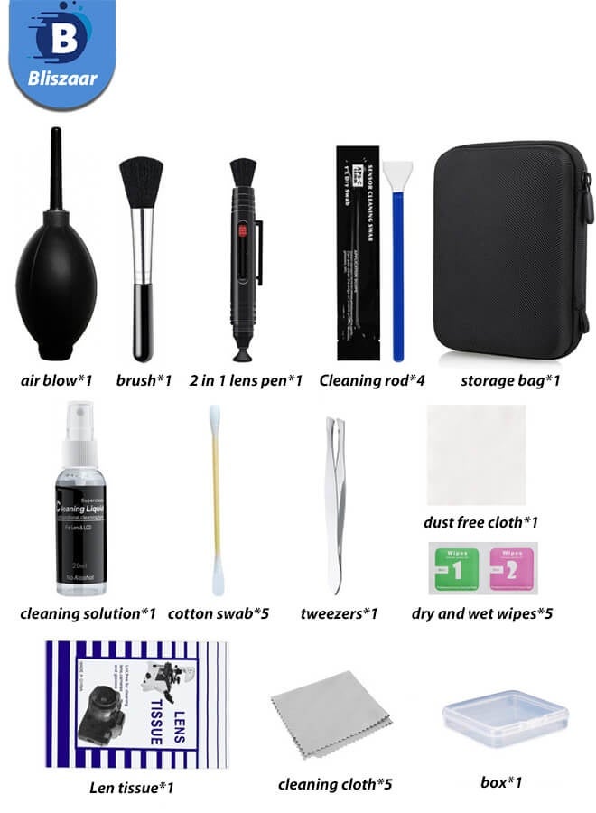 Bliszaar 13-in-1 Camera Lens Cleaning Kit - Mirrorless & DSLR Sensor Cleaning Kit for Canon, Sony, Nikon Including Lens Blower, Detergent, Swabs, Cloth, Pen, Brush - Image 2