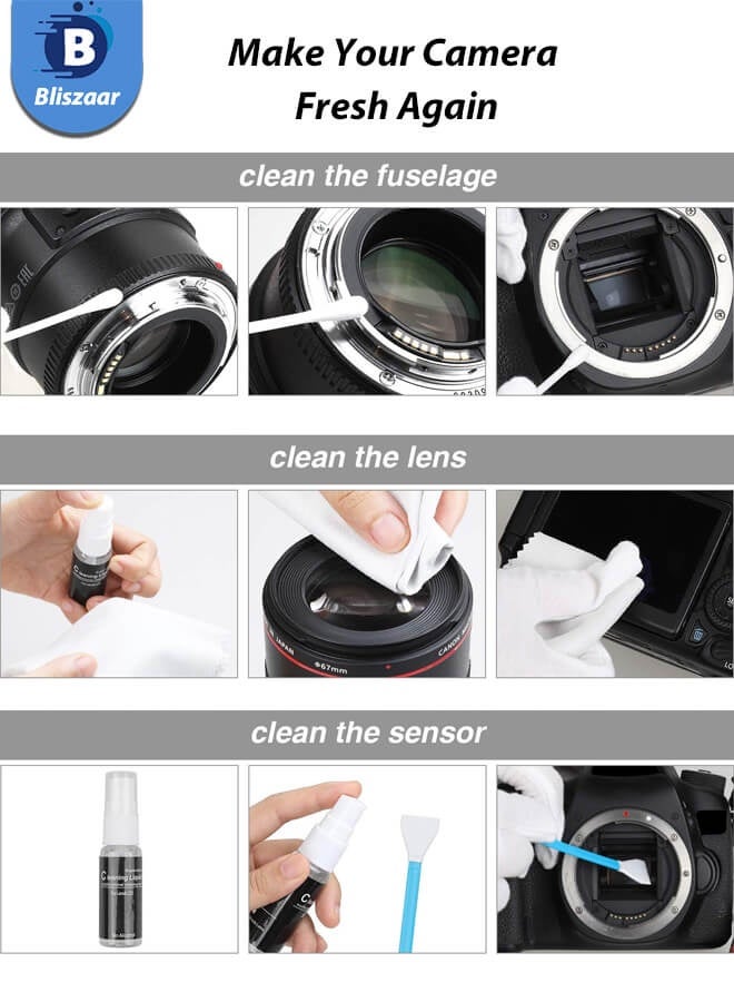 Bliszaar 13-in-1 Camera Lens Cleaning Kit - Mirrorless & DSLR Sensor Cleaning Kit for Canon, Sony, Nikon Including Lens Blower, Detergent, Swabs, Cloth, Pen, Brush - Image 3