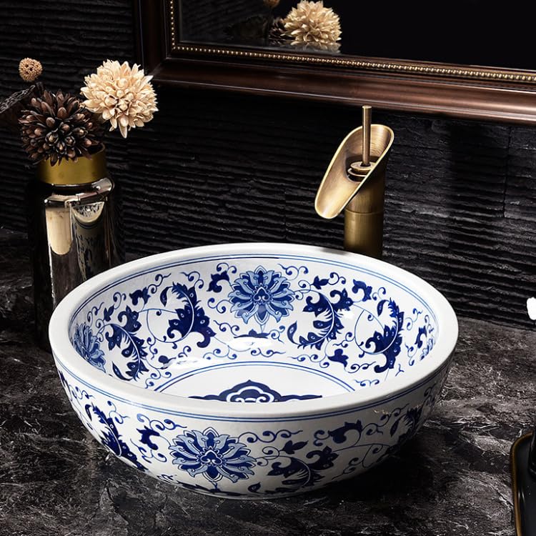 B Backline Ceramic Table Top Vessel Sink Wash Basin Over CounterCounter Top Wash Basin For Bathroom Living Room 16 X 16 X 6 Inches Blue White - Image 1