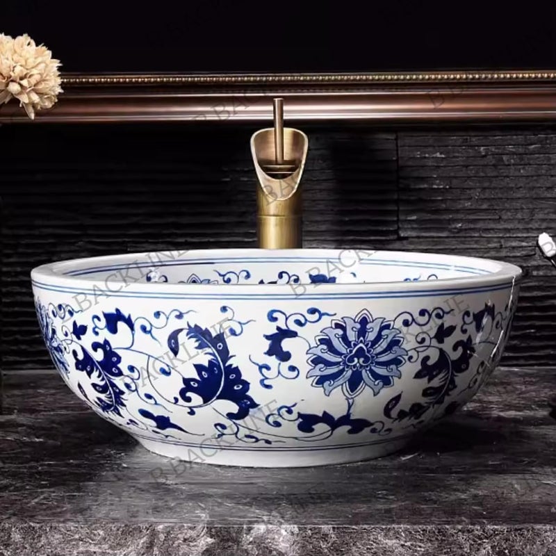 B Backline Ceramic Table Top Vessel Sink Wash Basin Over CounterCounter Top Wash Basin For Bathroom Living Room 16 X 16 X 6 Inches Blue White - Image 2