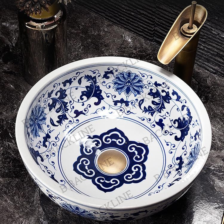 B Backline Ceramic Table Top Vessel Sink Wash Basin Over CounterCounter Top Wash Basin For Bathroom Living Room 16 X 16 X 6 Inches Blue White - Image 3