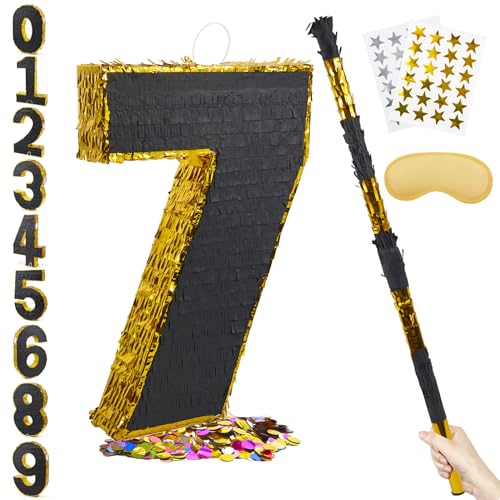 PCFING 20 Inch Number 7 Piata Gold Black with 30 Inch Piata Stick Blindfold Confetti for Man Women Boys Girls Birthday Party Decorations Anniversary Celebration Fiesta - Image 1