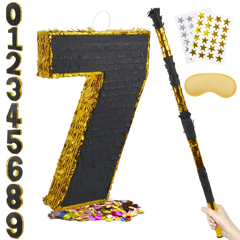 PCFING 20 Inch Number 7 Piata Gold Black with 30 Inch Piata Stick Blindfold Confetti for Man Women Boys Girls Birthday Party Decorations Anniversary Celebration Fiesta - Image 3