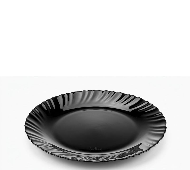 Arcopal Heat-Resistant Glass Dinner Plate with Ribbed Wavy Edge, Round Serving Dish - Glossy Black