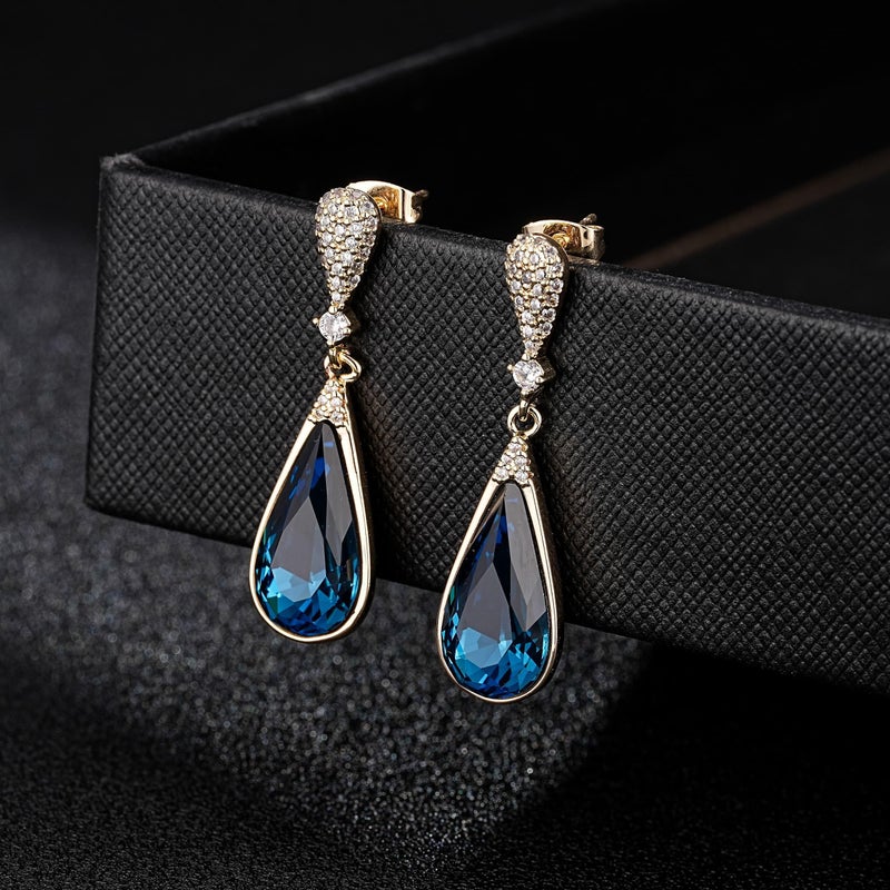 EVEVIC Austrian Crystal Teardrop Dangle Drop Earrings for Women 14K Gold Plated Hypoallergenic Jewelry Gift (Dark Blue) - Image 4