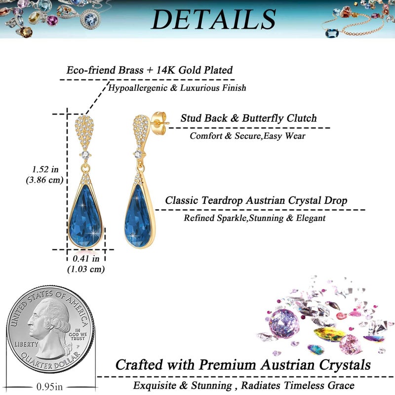 EVEVIC Austrian Crystal Teardrop Dangle Drop Earrings for Women 14K Gold Plated Hypoallergenic Jewelry Gift (Dark Blue) - Image 5