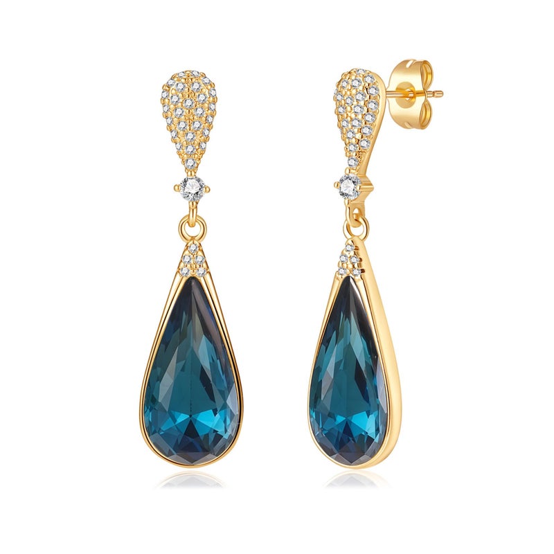 EVEVIC Austrian Crystal Teardrop Dangle Drop Earrings for Women 14K Gold Plated Hypoallergenic Jewelry Gift (Dark Blue) - Image 1