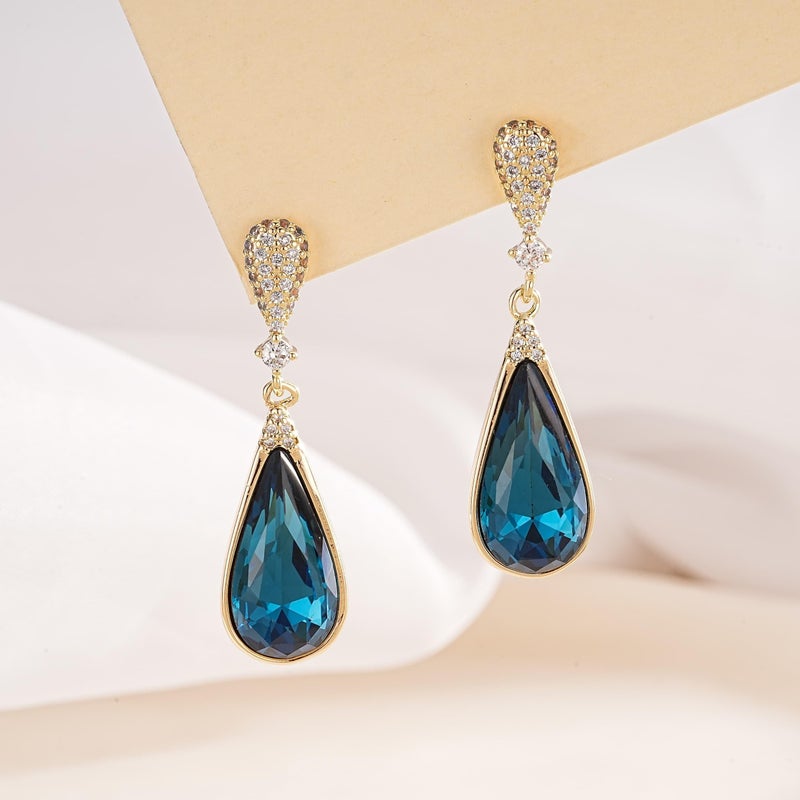EVEVIC Austrian Crystal Teardrop Dangle Drop Earrings for Women 14K Gold Plated Hypoallergenic Jewelry Gift (Dark Blue) - Image 3