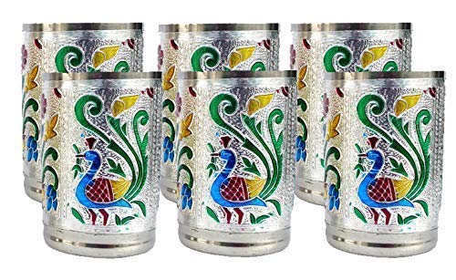 DIGIDEAL Stainless Steel Handmade Meenakari Peacock Design Decorative Glass Set for Home Set of 6 Glass Silver Color - Image 1