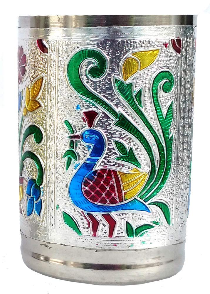 DIGIDEAL Stainless Steel Handmade Meenakari Peacock Design Decorative Glass Set for Home Set of 6 Glass Silver Color - Image 2
