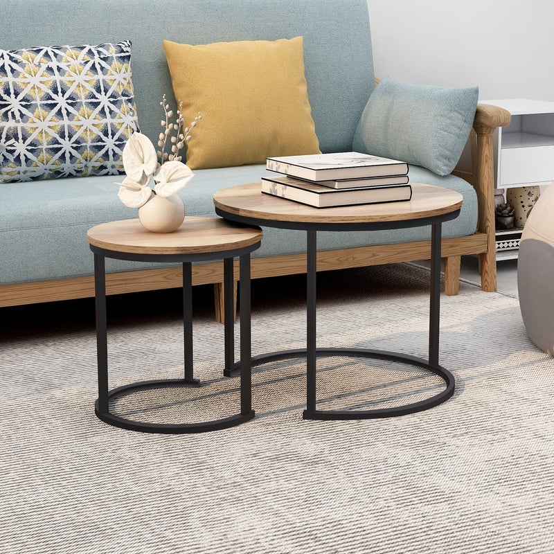 INDIAN DECOR INDIAN DECOR 48193 Round Nesting Coffee Table Set of 2 Rustic Stacking Side Tables Nesting End Table Set Wooden Tabletop Metal Frame for Living Room Bedroom Small Space Walnut  - Image 3
