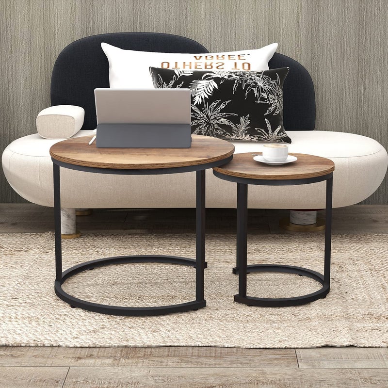 INDIAN DECOR INDIAN DECOR 48193 Round Nesting Coffee Table Set of 2 Rustic Stacking Side Tables Nesting End Table Set Wooden Tabletop Metal Frame for Living Room Bedroom Small Space Walnut  - Image 4
