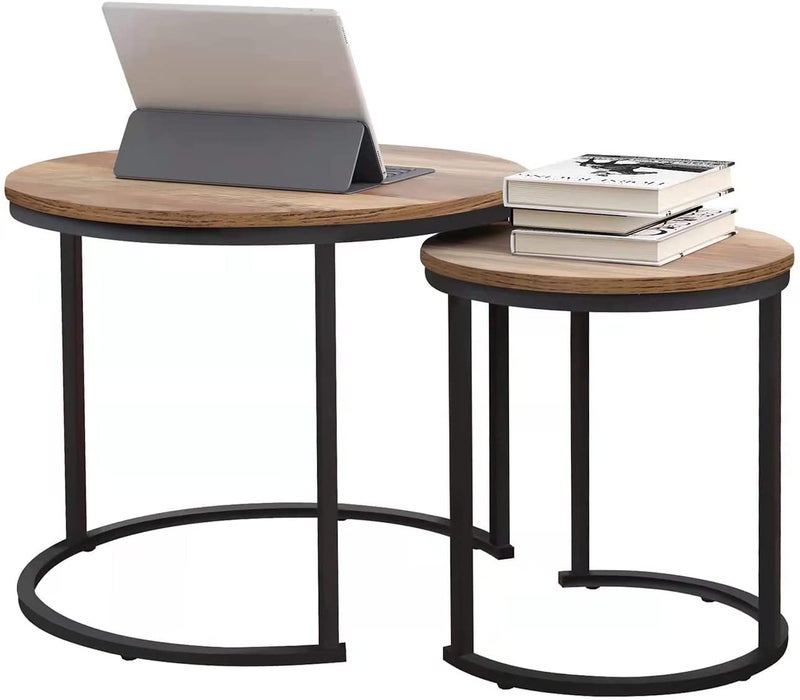 INDIAN DECOR INDIAN DECOR 48193 Round Nesting Coffee Table Set of 2 Rustic Stacking Side Tables Nesting End Table Set Wooden Tabletop Metal Frame for Living Room Bedroom Small Space Walnut  - Image 5