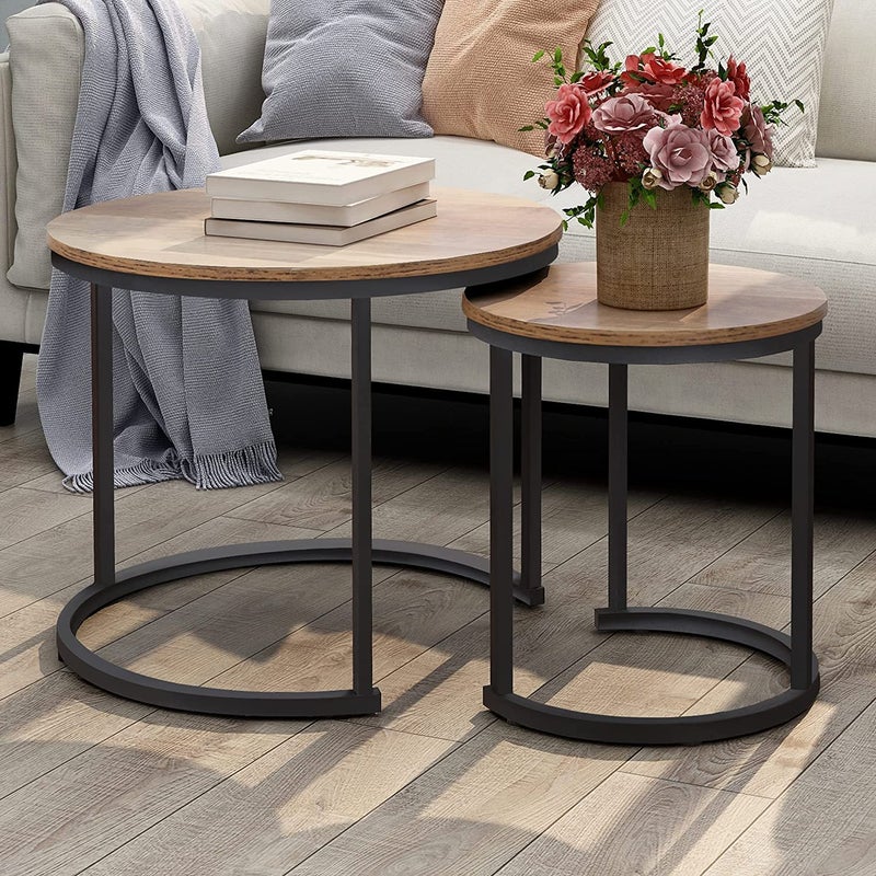 INDIAN DECOR INDIAN DECOR 48193 Round Nesting Coffee Table Set of 2 Rustic Stacking Side Tables Nesting End Table Set Wooden Tabletop Metal Frame for Living Room Bedroom Small Space Walnut  - Image 1