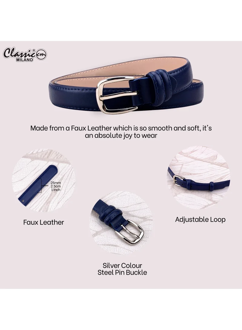 Classic Milano Blue (SGPU24) Classic Milano Women's Belt with Gift Box; Faux Leather Ladies Belt for Dresses, Jeans & Gowns; Stylish Womens Belt; Adjustable Girls Belt; Belt for Women | Full Length: 110 CM (Free Size - Fits up to the waist of 40 Inches / 100 CM) for Women | Best Price UAE