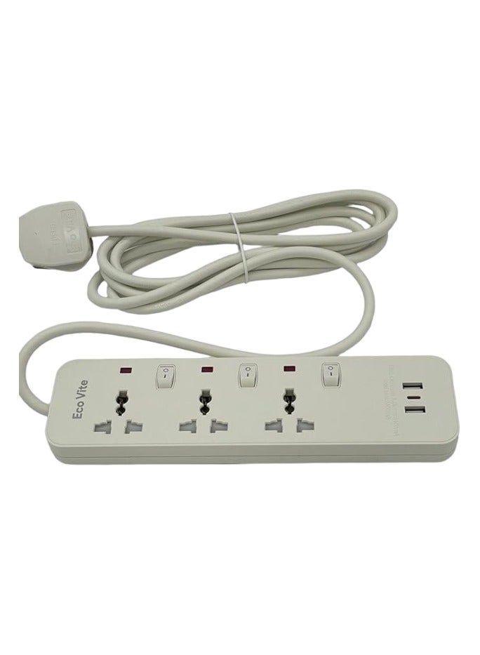 eco vite EcoVite 3-Way Extension Cord with 2 USB Ports – 3-Meter Cable | Individual Switches | ECAS Certified | Flame-Retardant | Heavy Duty Multi Plug Power Strip for Home and Office Use - Image 1