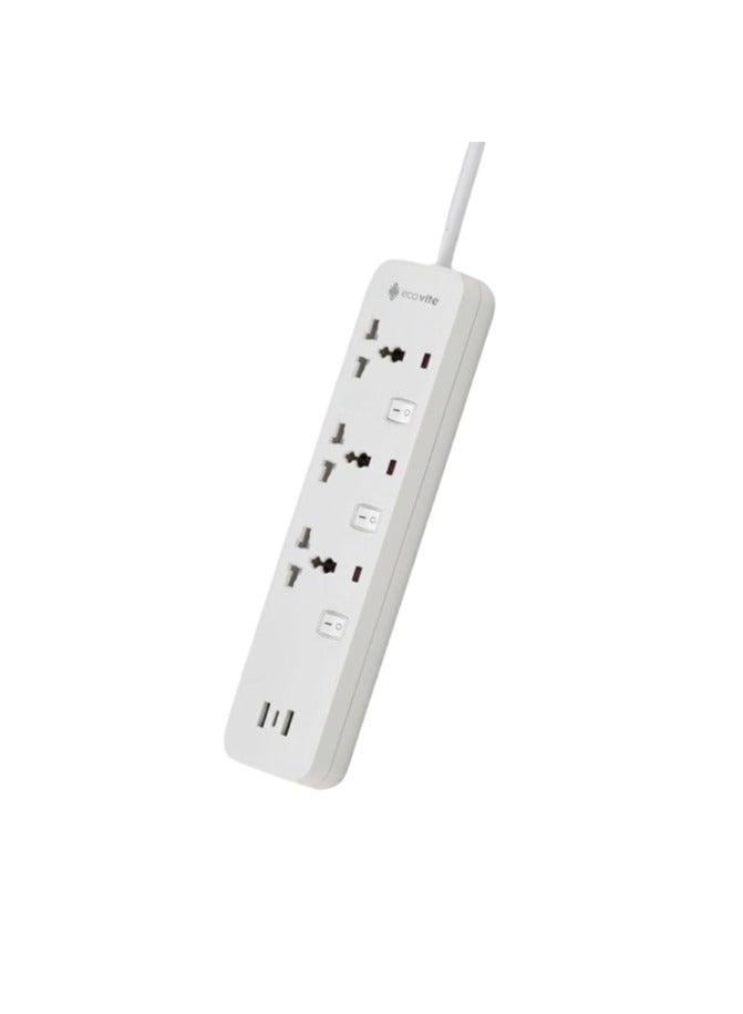 eco vite EcoVite 3-Way Extension Cord with 2 USB Ports – 3-Meter Cable | Individual Switches | ECAS Certified | Flame-Retardant | Heavy Duty Multi Plug Power Strip for Home and Office Use - Image 2