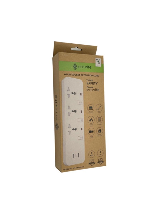eco vite EcoVite 3-Way Extension Cord with 2 USB Ports – 3-Meter Cable | Individual Switches | ECAS Certified | Flame-Retardant | Heavy Duty Multi Plug Power Strip for Home and Office Use - Image 3