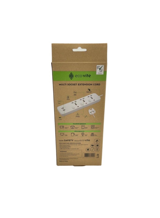 eco vite EcoVite 3-Way Extension Cord with 2 USB Ports – 3-Meter Cable | Individual Switches | ECAS Certified | Flame-Retardant | Heavy Duty Multi Plug Power Strip for Home and Office Use - Image 4