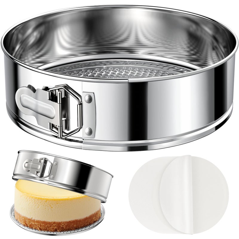 ZeroPone 9 Inch 304 Stainless Steel Springform Pan with Removable Bottom Nonstick Round Spring Form Cheesecake Pan with 30 Pcs Parchment Paper Liners