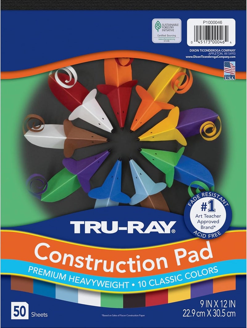 TRU-RAY Pacon 9-inch x 12-inch Construction Paper, Assorted Colors, 50 Sheets/Pack, /Pad (P1000046) - Image 1