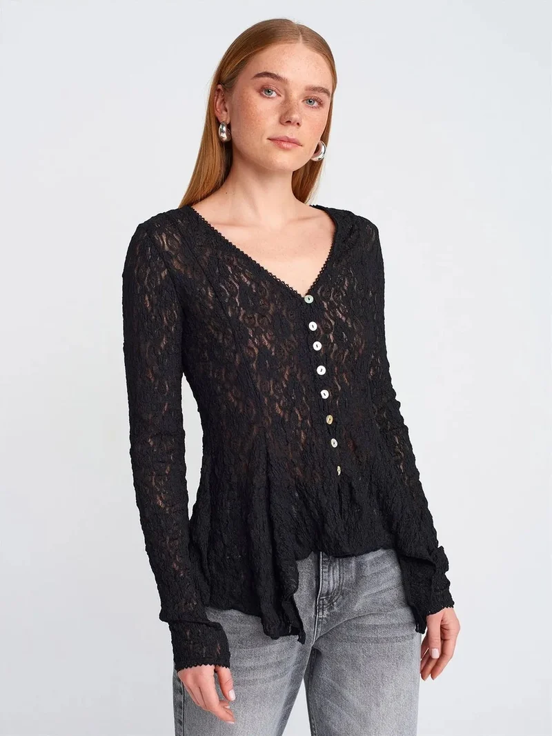 ديلفين DILVIN Lace V-Neck Button Cardigan