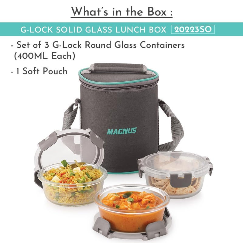 Magnus Magnus G-Lock Solid Glass Lunch Box with Vertical Pouch and Detachable Clip, Includes 3 Round Airtight, Leakproof, Microwave Safe Borosilicate Glass Containers, 400 ML Each - Premium Lunch Boxes  - Image 2