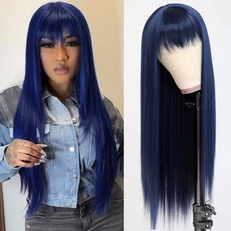 QD-Tizer Dark Blue Synthetic Hair Wigs with Full Bangs Blue Long Straight Women's Wig Heat Resistant Synthetic No Lace Wigs for Fashion Women 24 inch - Image 1
