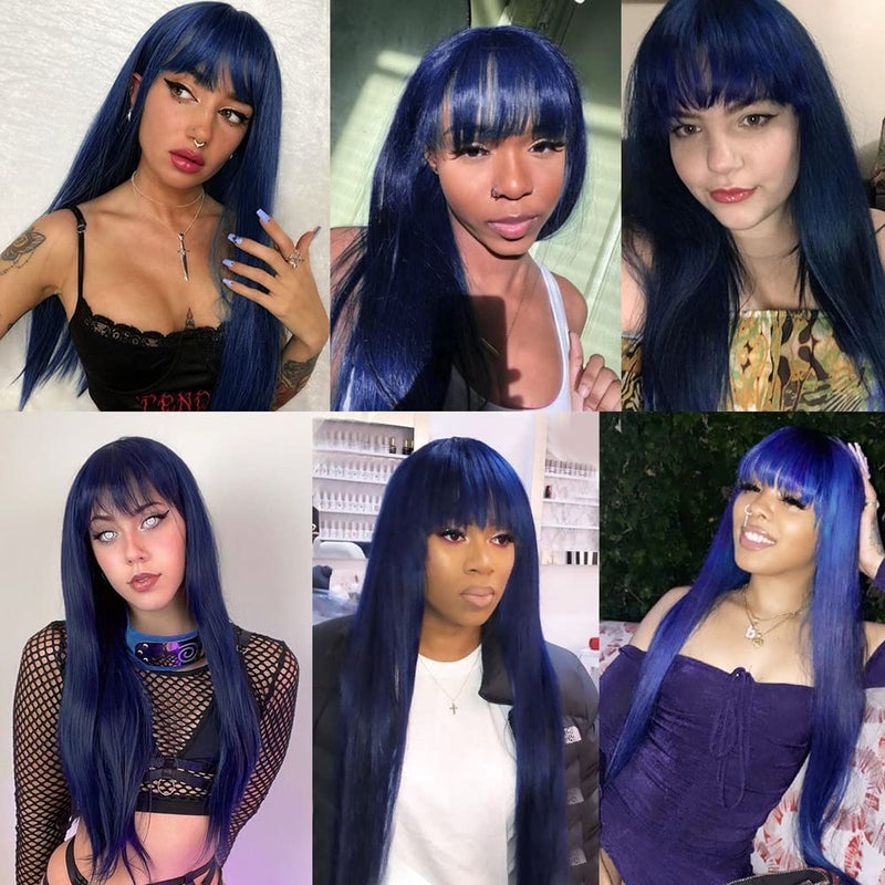 QD-Tizer Dark Blue Synthetic Hair Wigs with Full Bangs Blue Long Straight Women's Wig Heat Resistant Synthetic No Lace Wigs for Fashion Women 24 inch - Image 5
